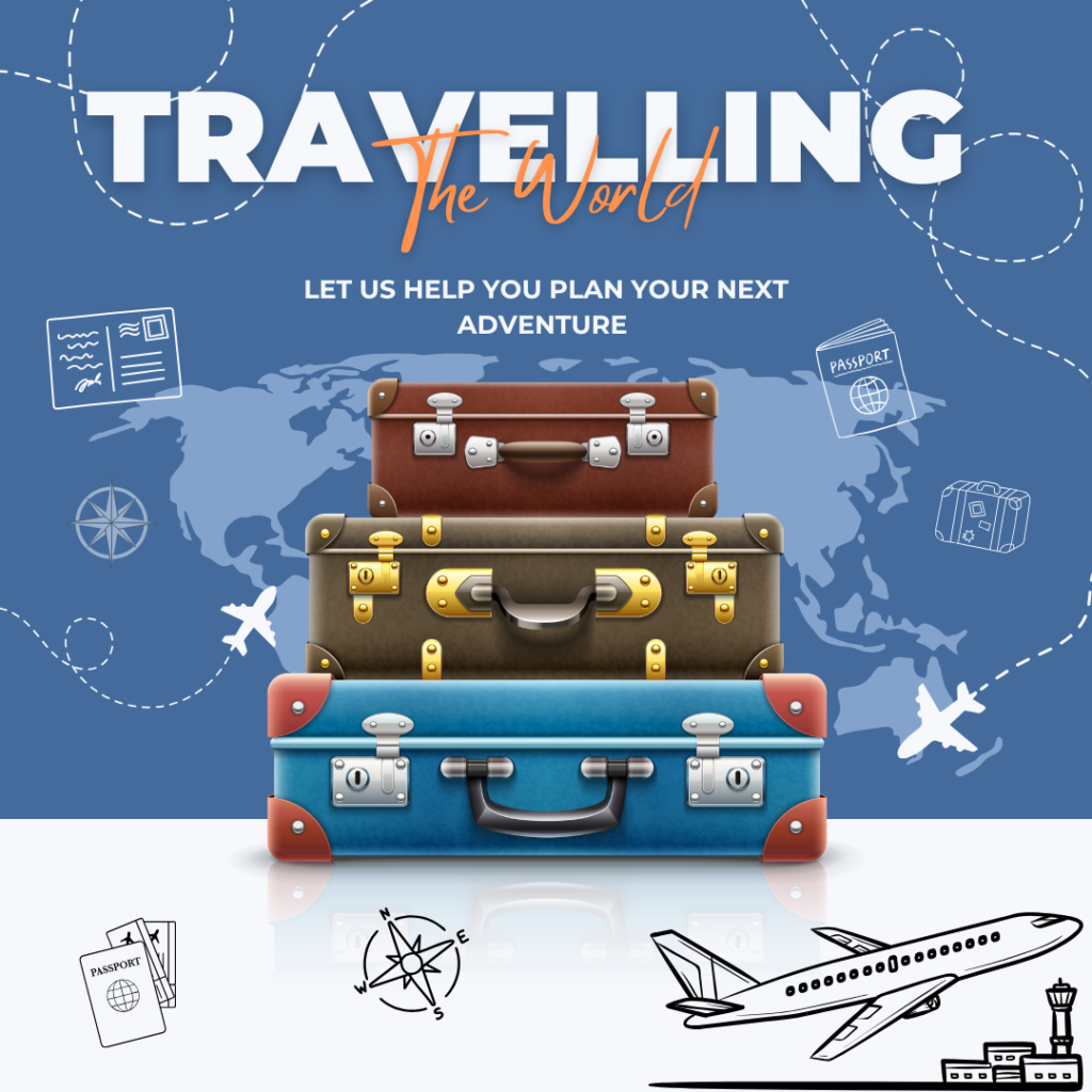 blue white geometric travelling the world instagram post